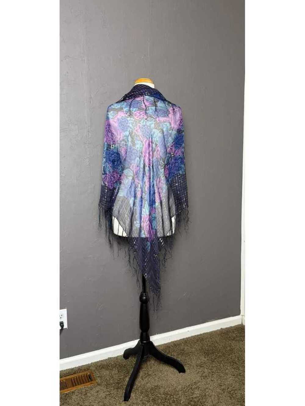 1970's Sheer Silk Shawl x Fringe Purple Floral Boho Scarf Glam WhimsyGoth Wrap